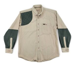 Woolrich Mens M Button Up Shirt Cotton Tan Colorblock Vintage Outdoor Workwear